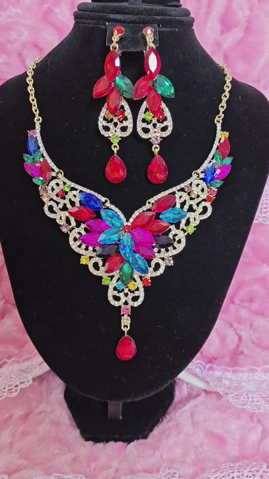 Gilded Multi-Color Gem Filigree Necklace & Earring Set