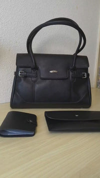 Black Matte Leather 3-Piece Structured Tote Bag Set (E71)