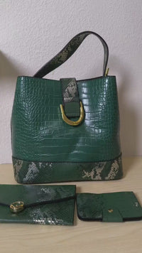 Forest Green Crocodile & Python Print 3-Piece Bucket Bag Set (E72)