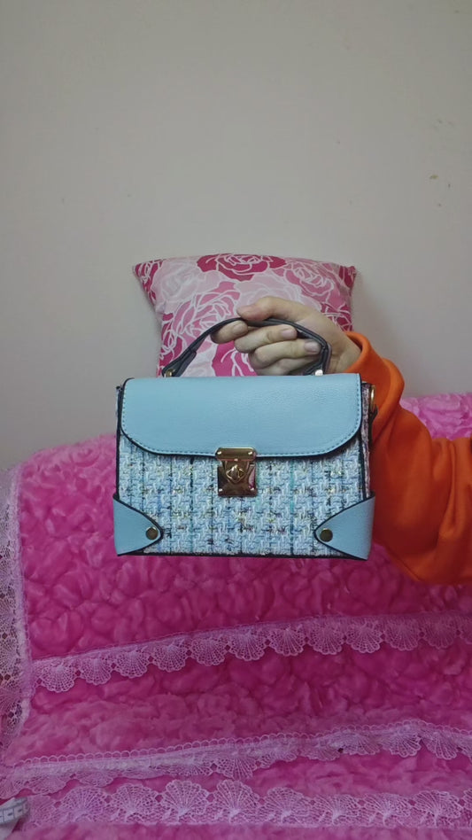 Light Blue & Tweed Handbag with Metal Lock & Wide Strap