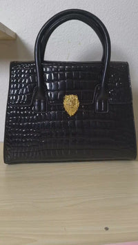 Trendy Black Patent Croc Embossed Tote with Gold Buckle (E113)