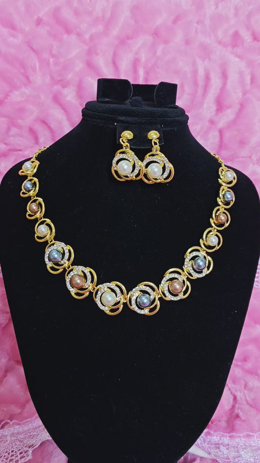 Gilded Pearl & Crystal Swirl Necklace & Earring Set