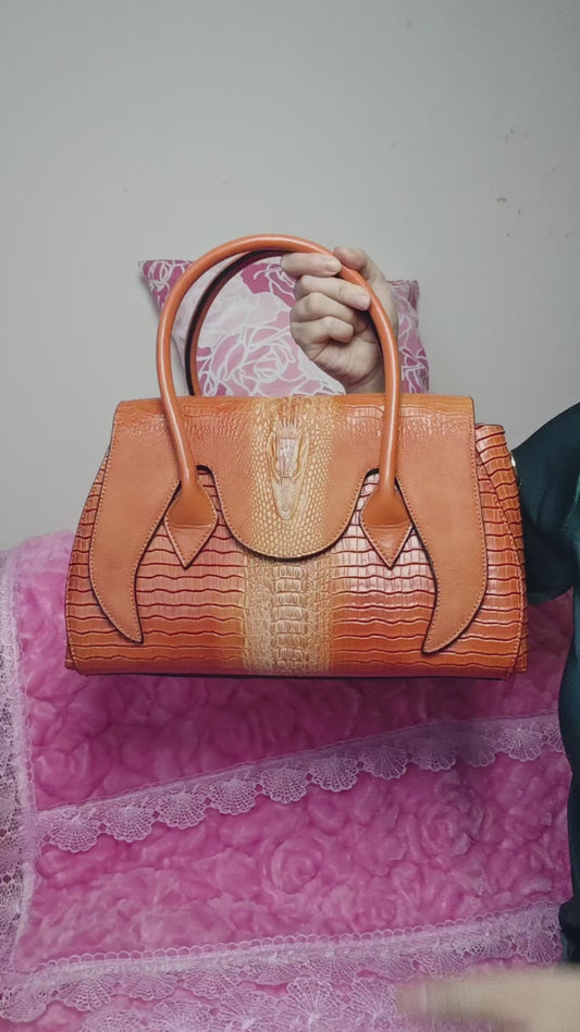 Tan-Yellow Gradient Crocodile-Print Handbag with Contrast Panels