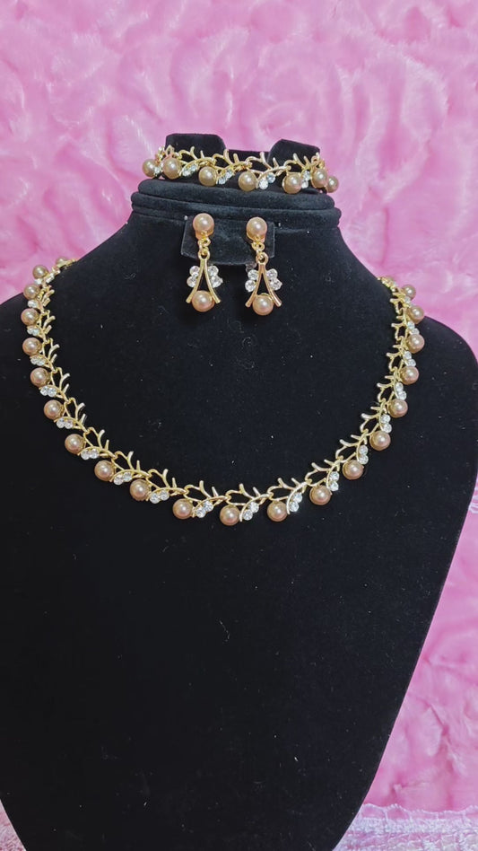 Champagne Pearl & Gilded Twig Necklace & Earring Set