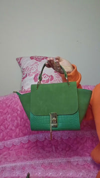 Dark Green Suede & Crocodile Pattern Trapezoidal Square Bag (M204)