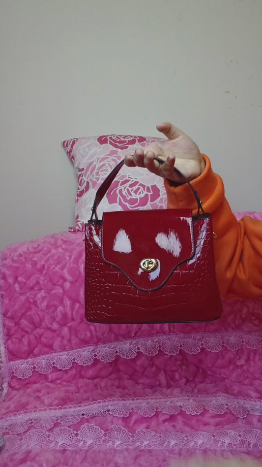 Burgundy Patent Crocodile-Print Handbag with Metal Round Buckle