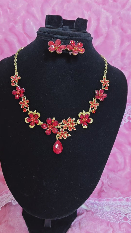Gilded Red Gem Flower & Teardrop Necklace & Earring Set