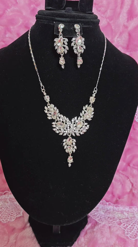 Silver Blush Crystal Leaf Cluster Necklace & Earring Set