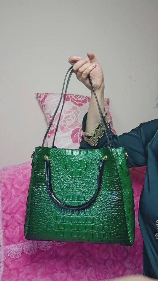 Dark Green Patent 3D Crocodile-Print Handbag with Contrast Handles