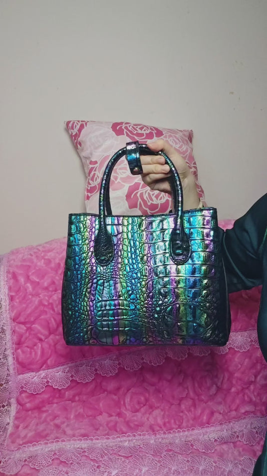Iridescent Croc-Embossed Tote Bag