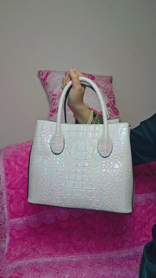 White Croc-Embossed Elegant Tote Bag