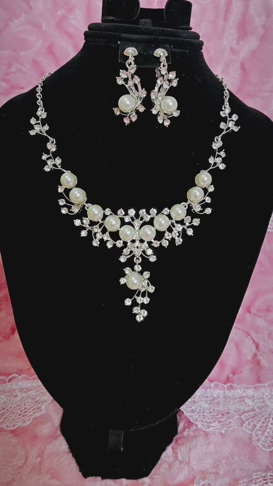Silver-Tone Pearl & Crystal Vine Necklace & Earring Set