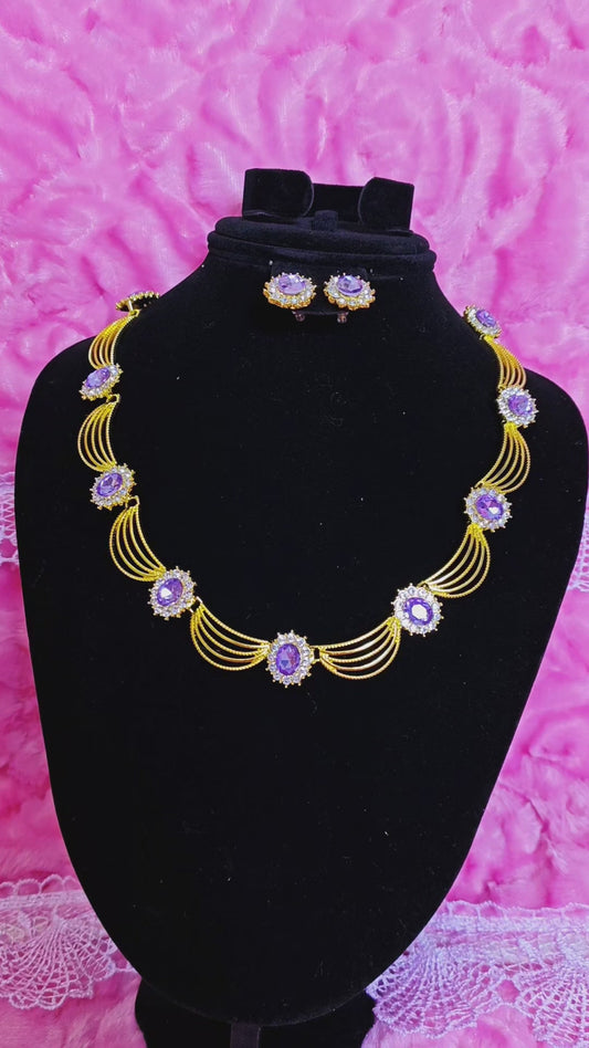 Golden Ribbon & Purple Gem Cluster Necklace & Earring Set