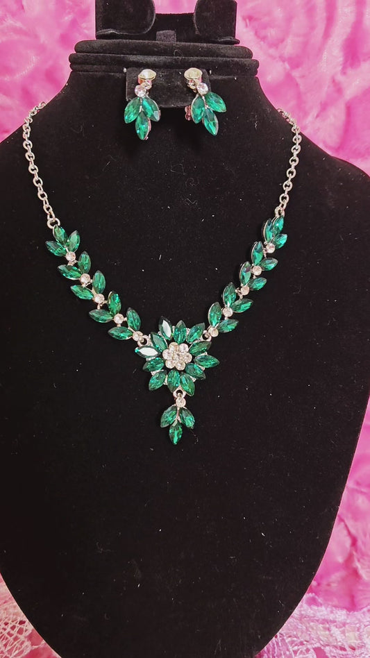 Silver-Tone Emerald Leaf Cluster Necklace & Earring Set