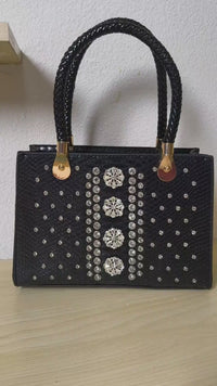 Black Structured Python Embossed Crystal Flower Tote Bag (E47)