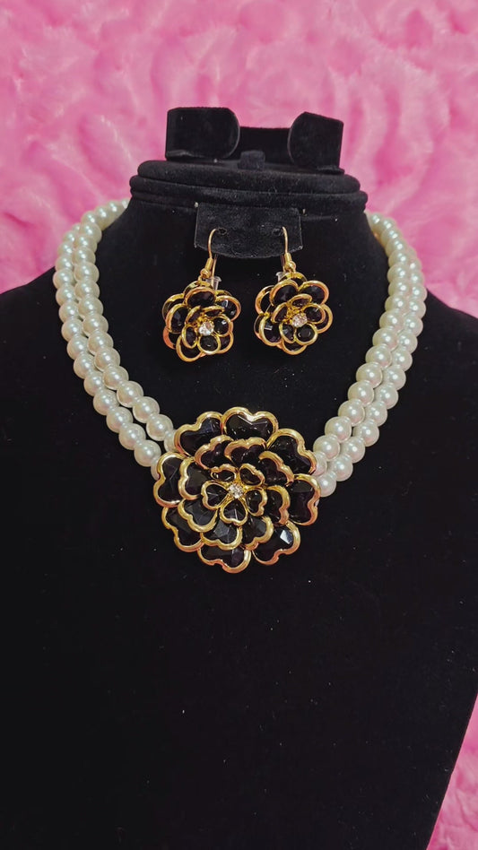 Gilded Black Enamel Camellia Pearl Necklace & Earring Set