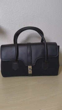 Black Glossy Leather & Suede Structured Satchel Bag (E83)