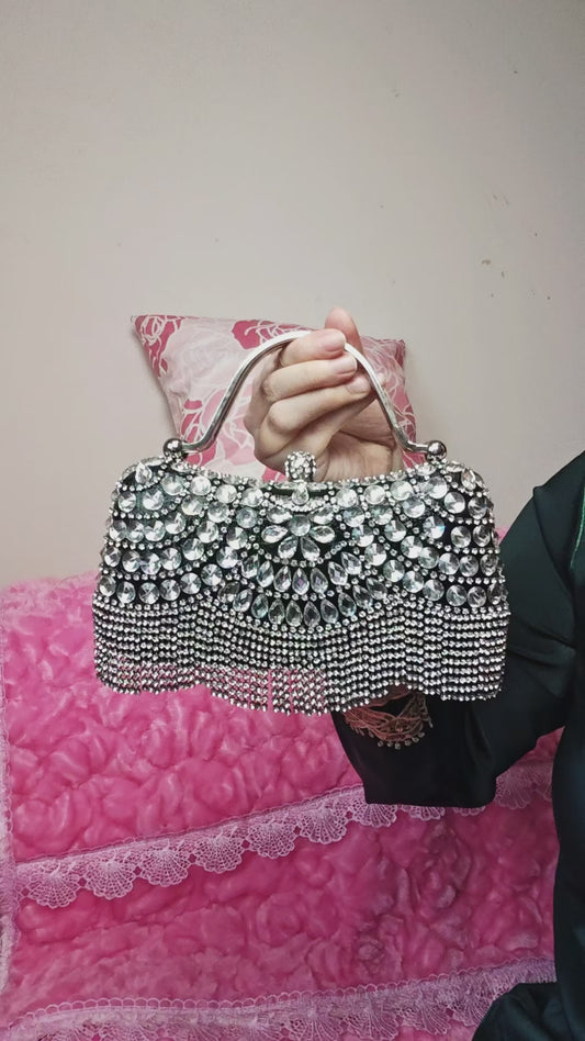 Black & Silver Crystal Waterdrop-Pattern Evening Handbag