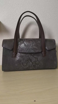 Gray Lizard Embossed Rose Floral Boston Bag (E79)