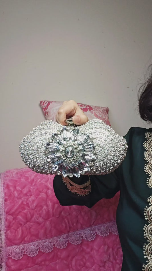 Silver Crystal-Embellished Bow-Shaped Evening Clutch