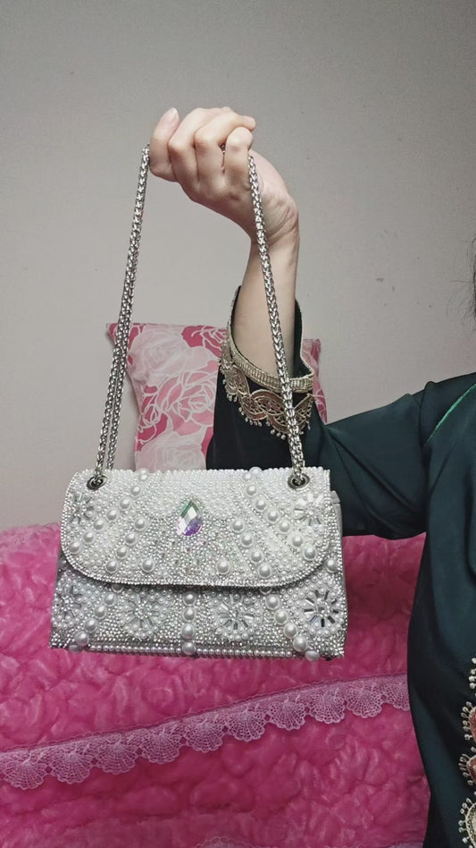 Pearl & Silver Crystal Iridescent Chain Evening Clutch