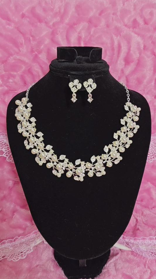 Silver Pearl & Crystal Vine Necklace & Earring Set