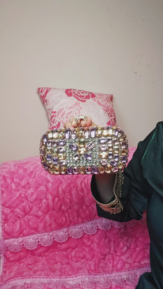 Pink-Purple & Gold Crystal Gradient Evening Clutch