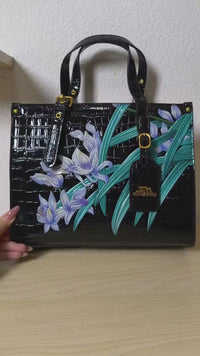 Black Crocodile Embossed Foam Print Purple Orchid Structured Bag (E86)