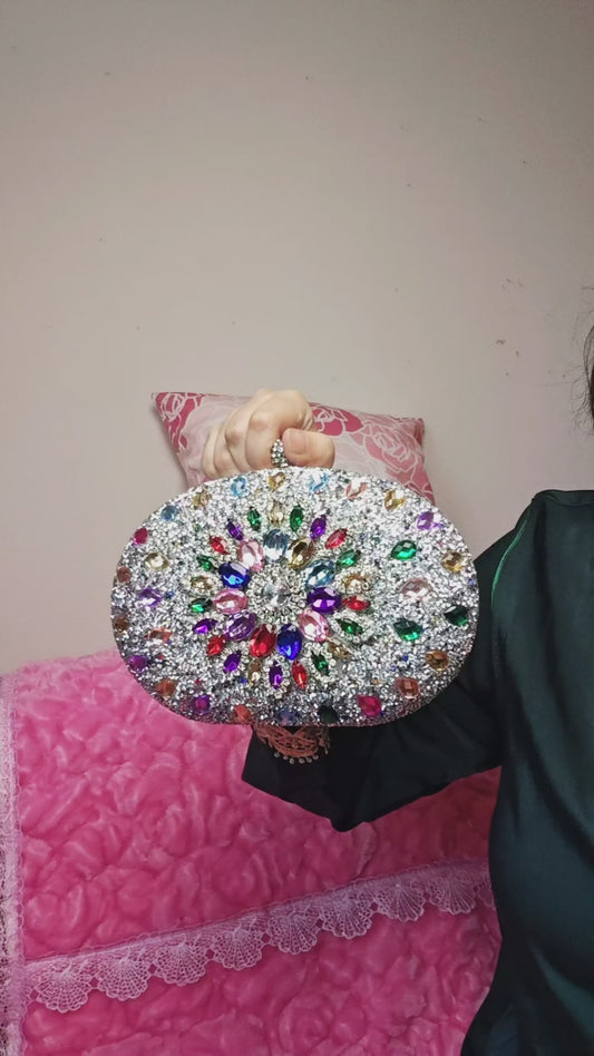 Multi-Colored Crystal-Embellished Oval Evening Clutch