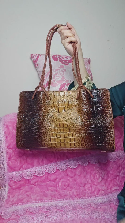 Tan-Black Gradient 3D Crocodile-Print Handbag with Braided Handles