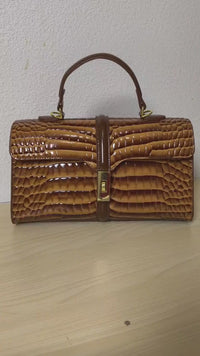 Caramel High Gloss Arch Bead Crocodile Embossed Boston Bag (E124)