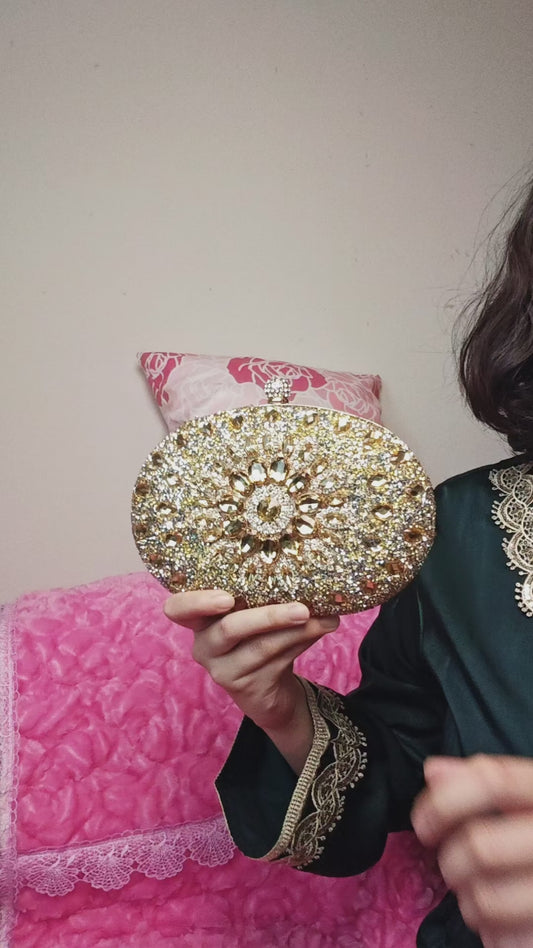 Gold Crystal-Embellished Oval Evening Clutch