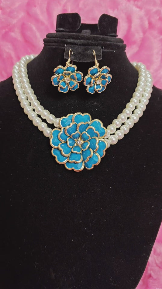 Gilded Turquoise Enamel Flower Pearl Necklace & Earring Set