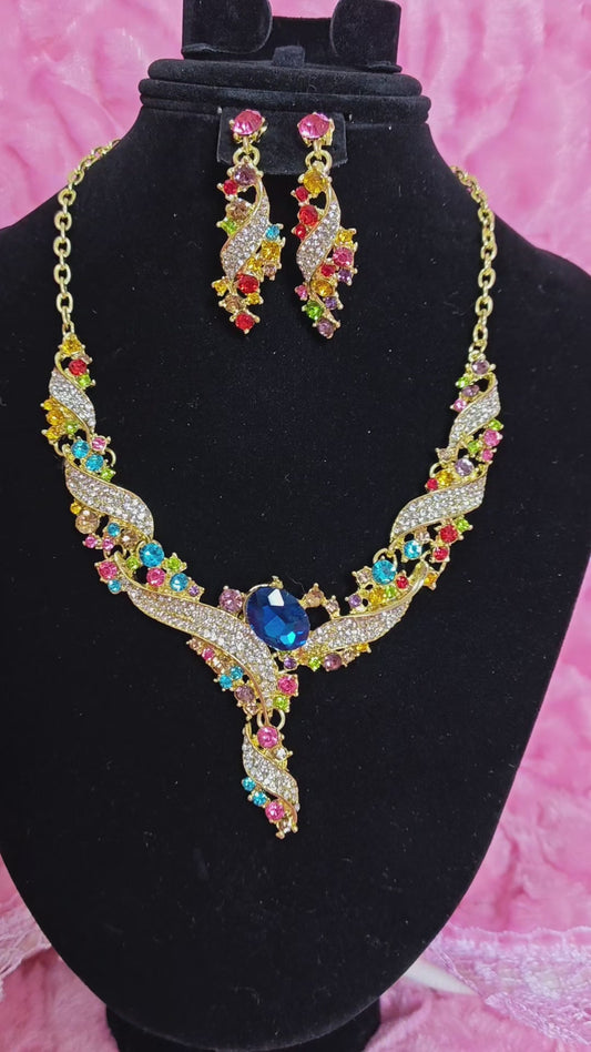 Gilded Multi-Color Gem Wing Necklace & Earring Set