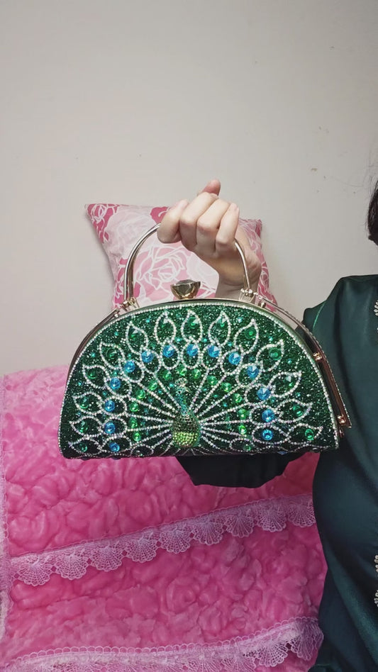 Peacock-Pattern Multi-Colored Crystal Evening Handbag