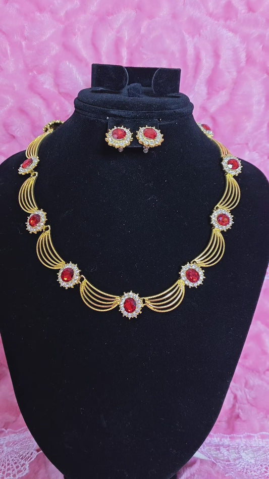 Gilded Ruby & Crystal Woven Necklace & Earring Set