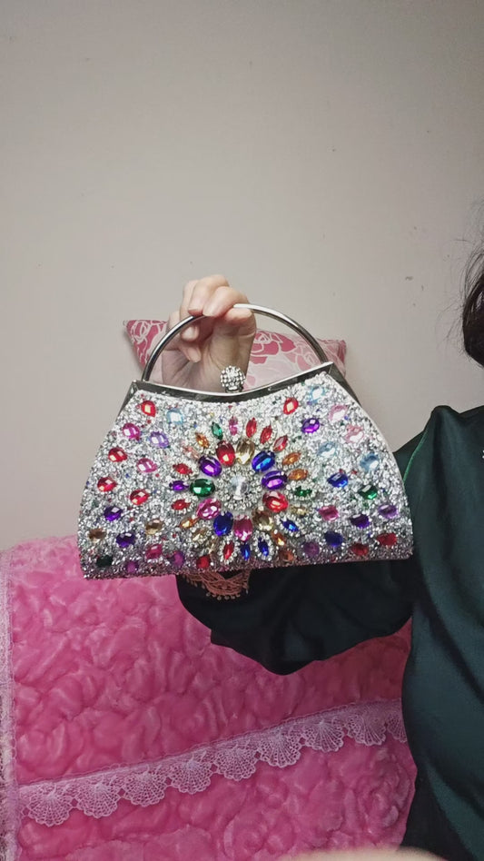 Multi-Colored Crystal-Embellished Evening Handbag with Metal Handle